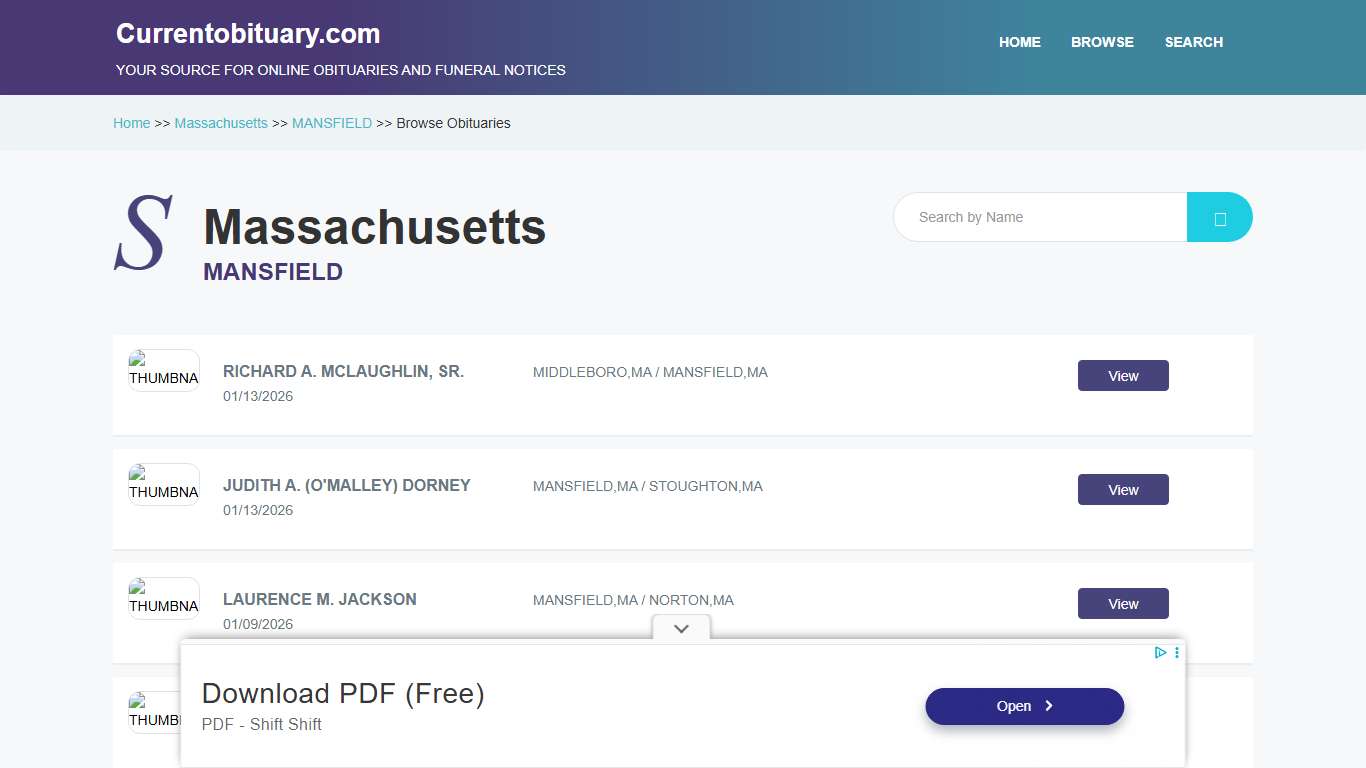 MANSFIELD, Massachusetts Obituaries, Funeral Notices, Condolences, Tributes and Death Notices CurrentObituary.com